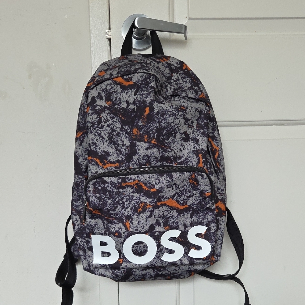 Boss Men's Gray and Orange Patterned Backpack